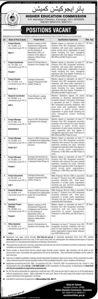 Positions Vacant in Higher Education Commission Pakistan