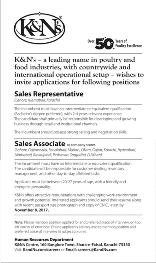 Sales Jobs - K&N's Poultry and Food industries Hiring Sales staff