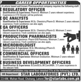 Career Opportunities available in Pharmaceutical Company