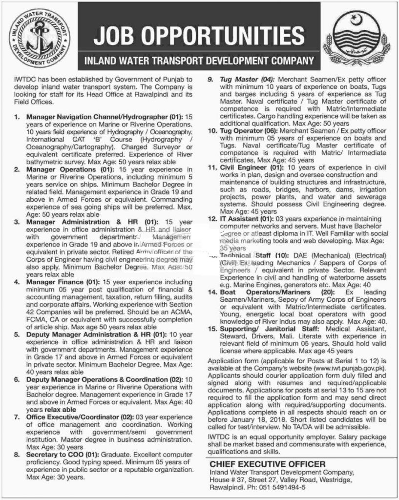 Inland Water Transport Development Company Punjab Jobs 2018