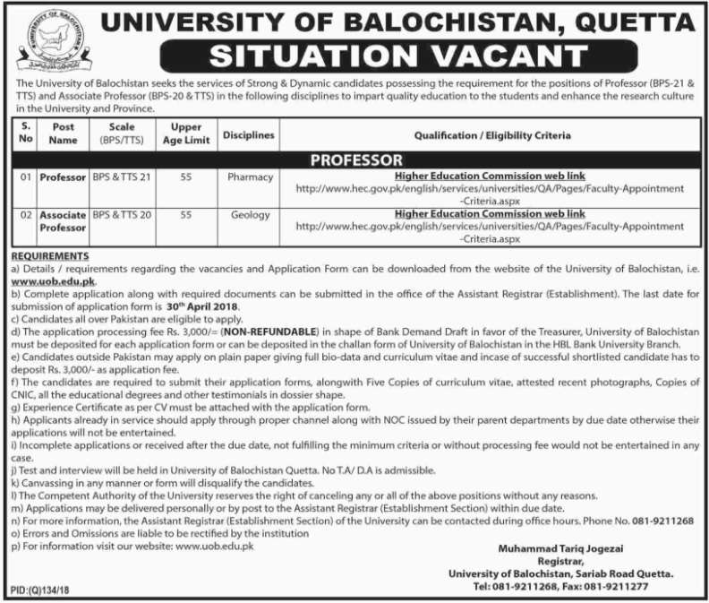University of Balochistan Quetta Jobs 2018