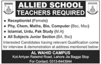 Faculty required in Allied School Al Wahid Campus Lahore 2018